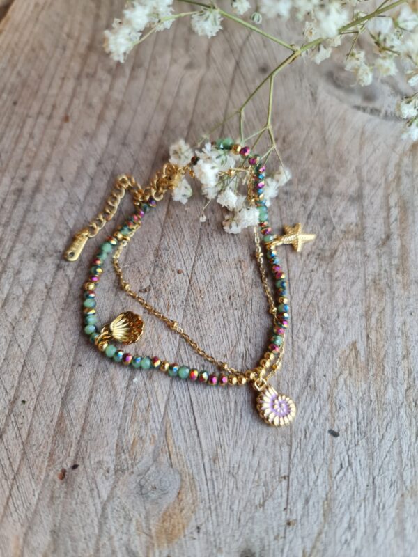 Boho kleurrijke armband - groene tinten - goud tinten hangers - dubbele armbandje - roestvrij staal - Afbeelding 5