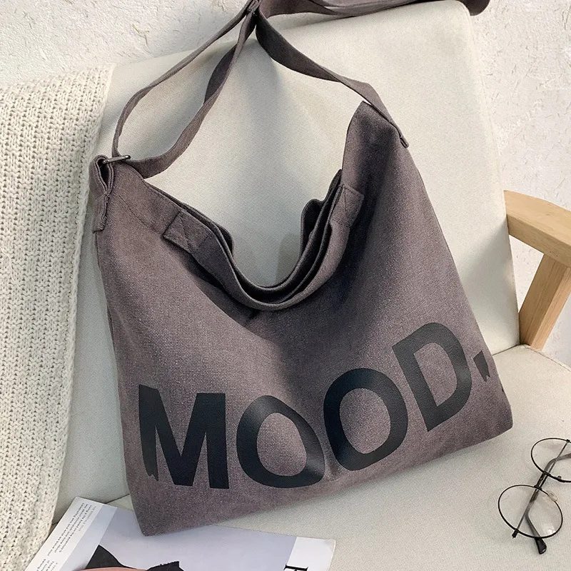 Canvas schouder tas met tekst - katoen tas - Kaki kleur - ritssluiting - brede schouderband