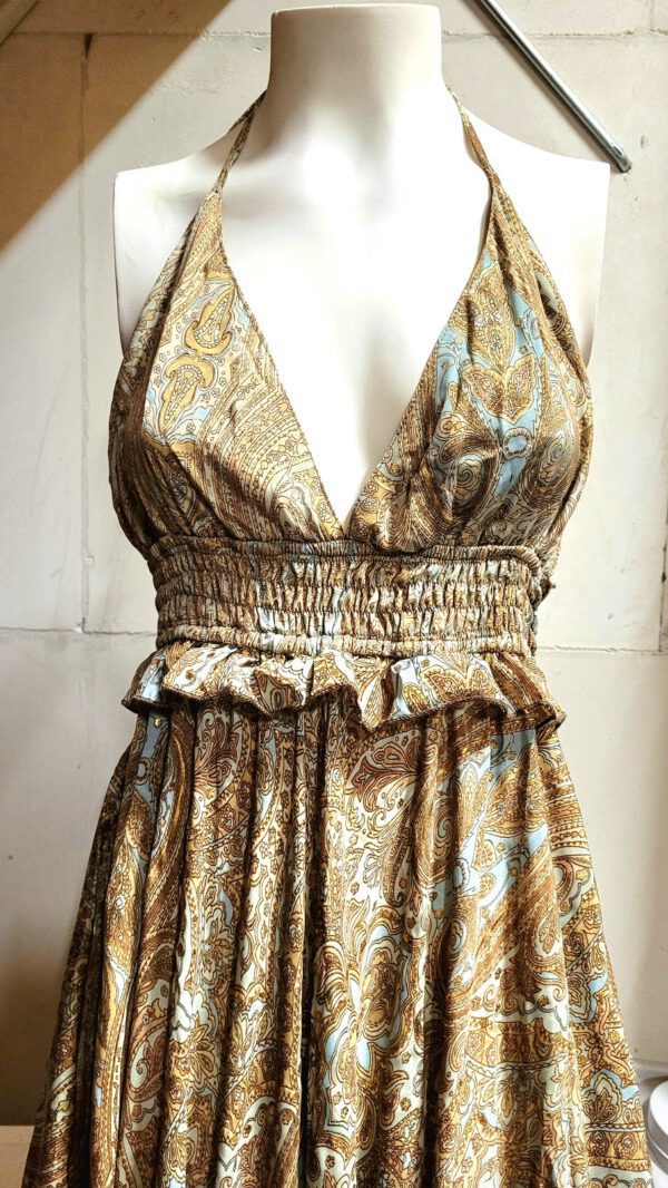 Boho maxi jurk van zijde met elastische talie, wijde rok, AARDE KLEUREN open rug en zijzakken maat 40 - Afbeelding 7