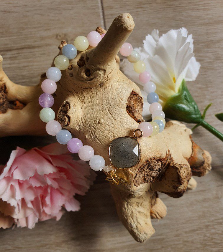 Handgemaakte edelsteen armband van Chalcedoon Morganiet en Labradoriet reiki armband