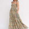 Boho zijde maxi jurk met spaghetti bandjes - elastische buste - broderie en volants - kleur BLAUW- maat 38