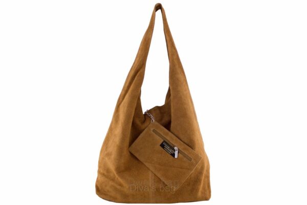 Comfortabele suède maxi tas - zachte schouder tas met magneet sluiting - extra kleine tasje - COGNAC
