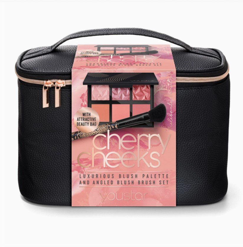 Beauty Make-up Tasje - Set van 2 producten en tas - wangen rouge - 6 kleuren - glitter en mat gezicht borstel - 2st
