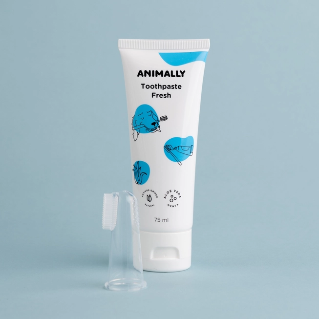 Animally Biologische Tandpasta Fresh voor honden en katten - met extra vinger borstel 125 ml