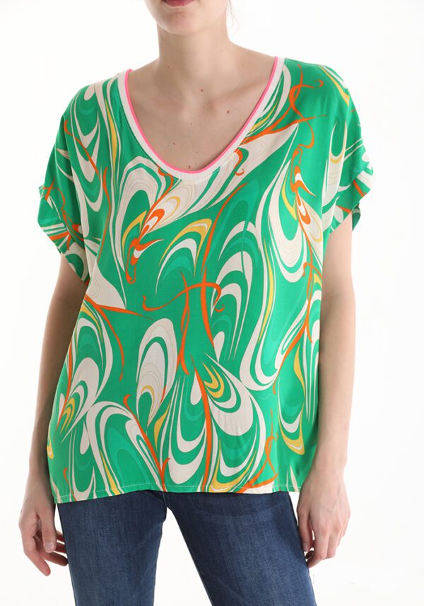 Franse mode zomer top met v-hals en korte mouw kleur GROEN, maat 40/42