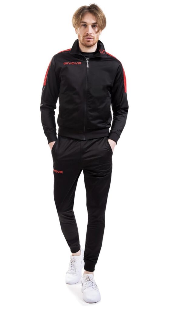 Givova sport training pak met vest en rits - broek met zijzakken, in ZWART ROOD kleur - maat XL