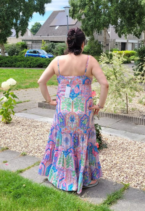 Boho vintage maxi jurk ik prachtige kleuren met elastische hoge talie en volants maat 38 - Afbeelding 6